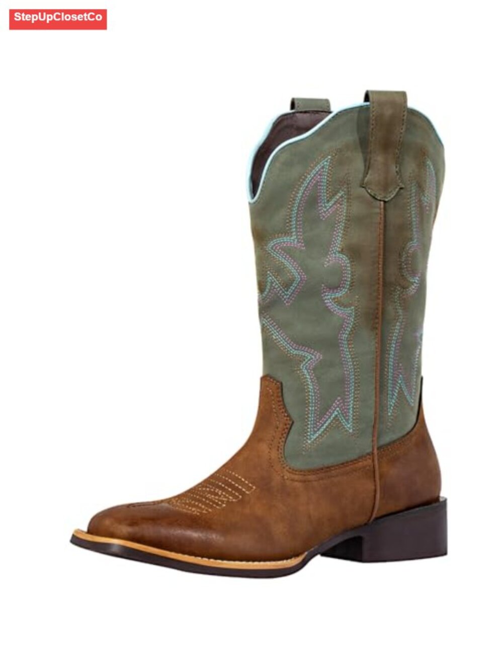 Faux Leather Square Toe Cowboy Boots Wide Calf Embroidered Western Mid-Calf